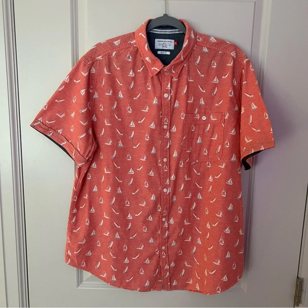 Denim & Flower mens short sleeve sailboat printed button down shirt | size XL - Picture 1 of 11
